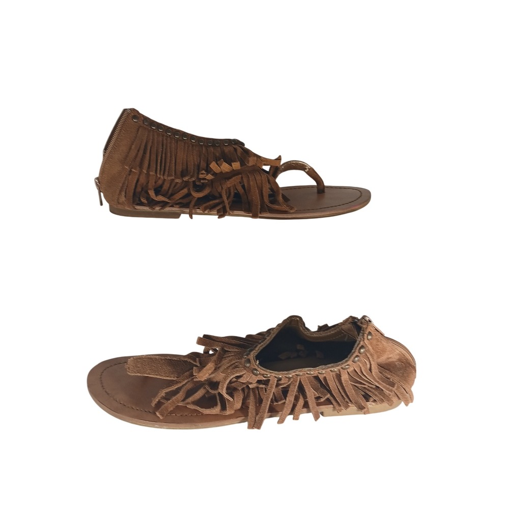 Steve Madden Surrie Sandals 9.5M Tan Suede Fringe Boho Gladiator Studded Flat